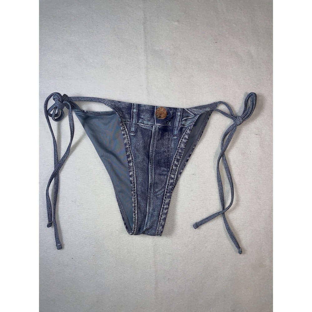 Edikted Denim Print Bikini Bottom Blue Faux Jean Side Tie Swim Bottom Womens M